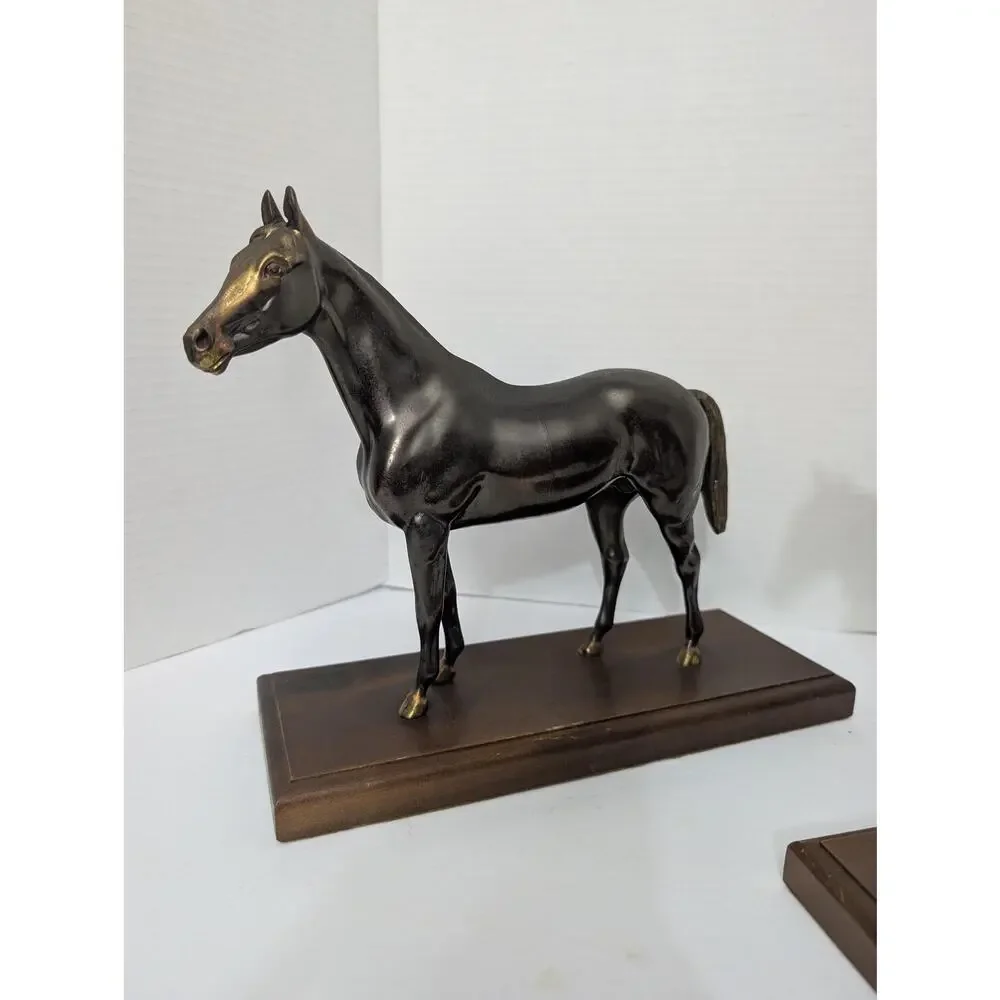 Pair Vintage Metal Horse Bookends Wood Base Equestrian Decor
